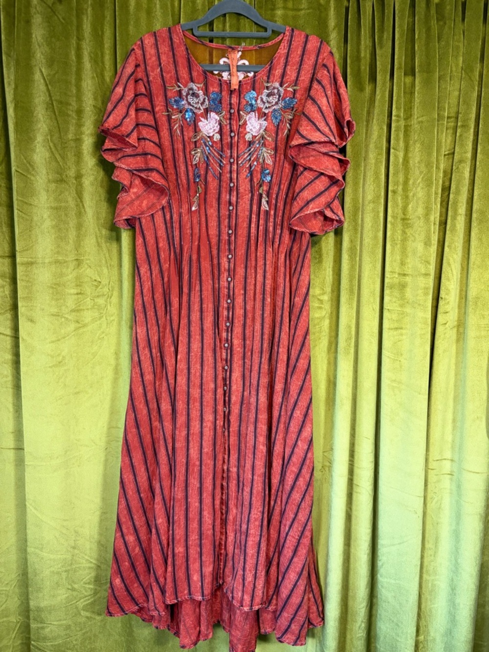 Aratta Silent Journey Rust-Striped Embroidered Floral Lace Midi Maxi Dress L